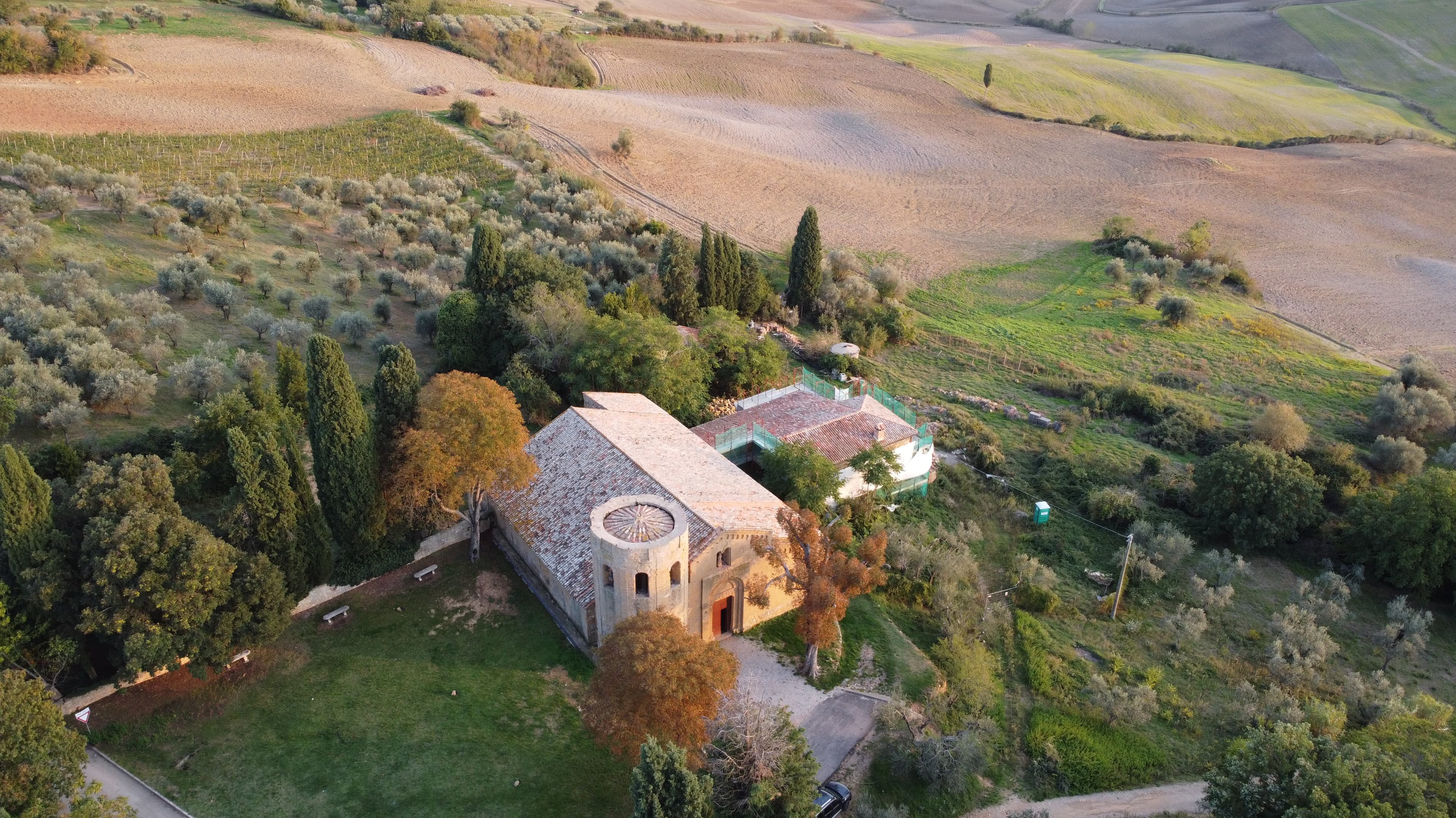 Aerial view of Pieve di Corsignano, Pienza and Val d'Orcia